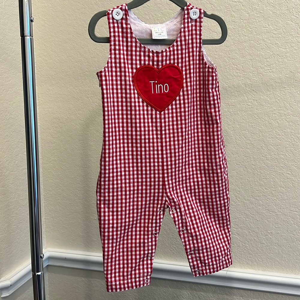 Tino Heart Valentines Red and White Plaid Boy Jumpsuit